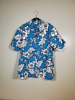 Evergreen Island Men's Turquoise Hawaiian Button Up Short Sleeve Shirt Size L